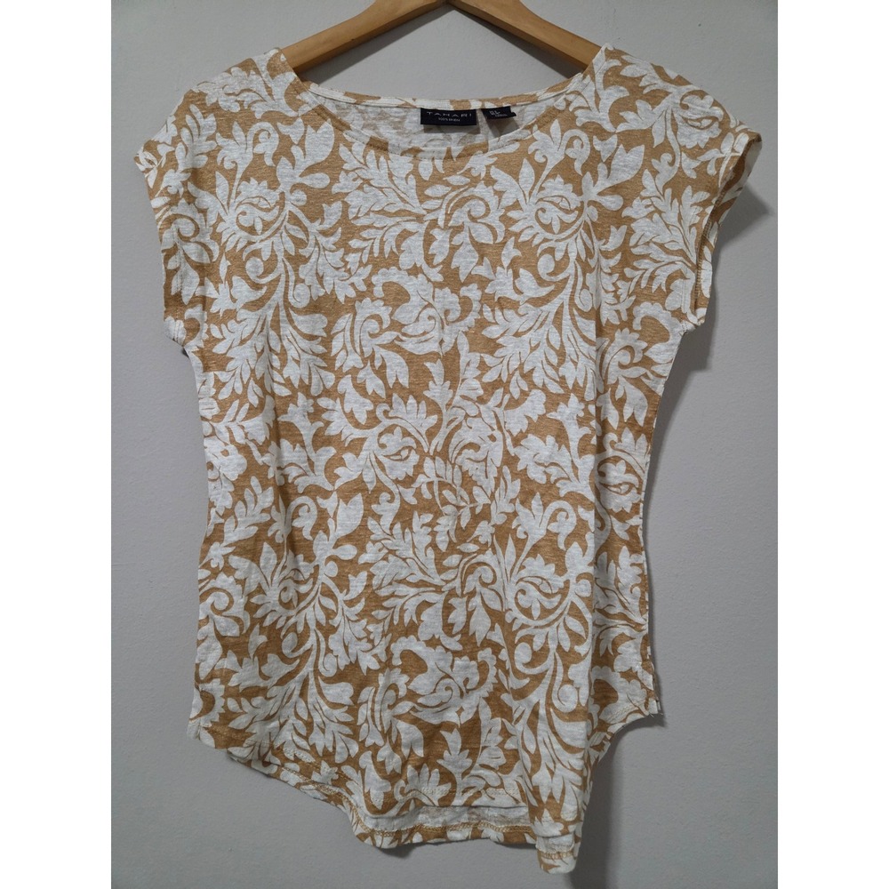 Tahari Women Tan White Linen Damask Floral Scroll Cap Sleeve Knit Top‎ Small